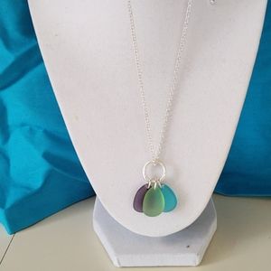 Sea glass necklace tear drop trio on silver plate